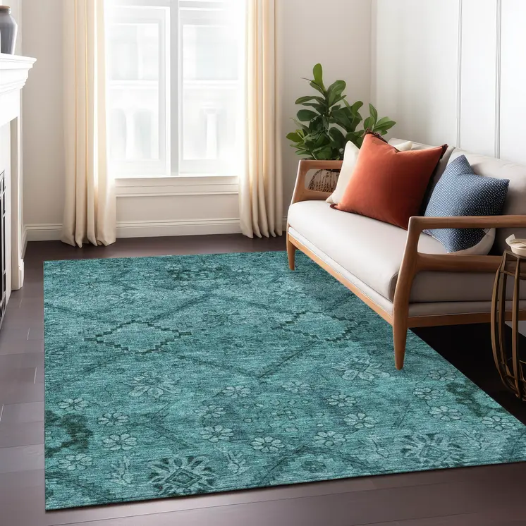 9' X 12' Teal Blue And Aqua Floral Washable Indoor Outdoor Area Rug
