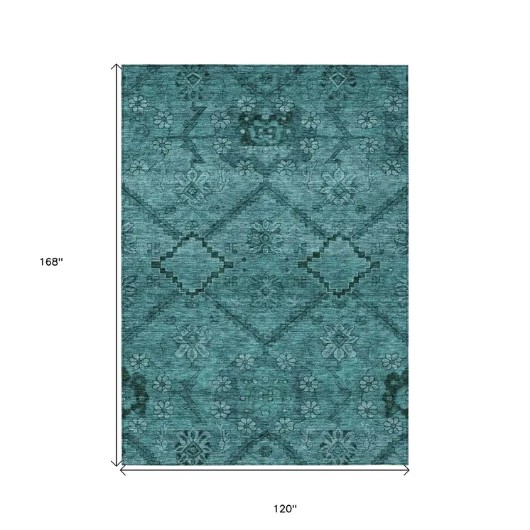 10' X 14' Teal Blue And Aqua Floral Washable Indoor Outdoor Area Rug