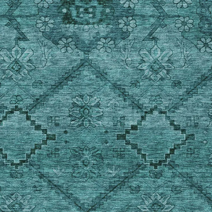 10' X 14' Teal Blue And Aqua Floral Washable Indoor Outdoor Area Rug