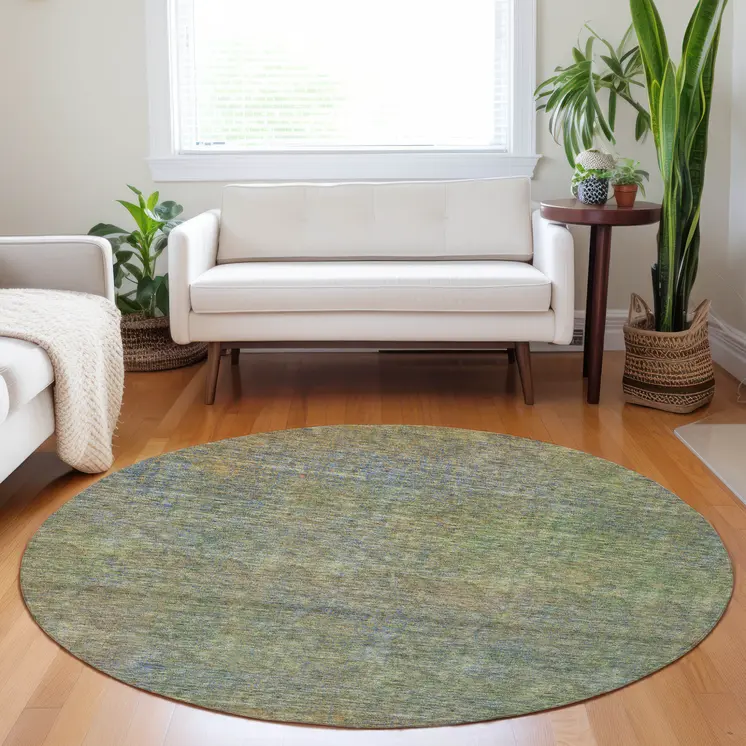 8' Green Gold And Charcoal Round Abstract Washable Indoor Outdoor Area Rug