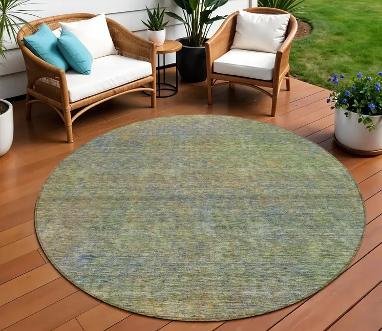 8' Green Gold And Charcoal Round Abstract Washable Indoor Outdoor Area Rug