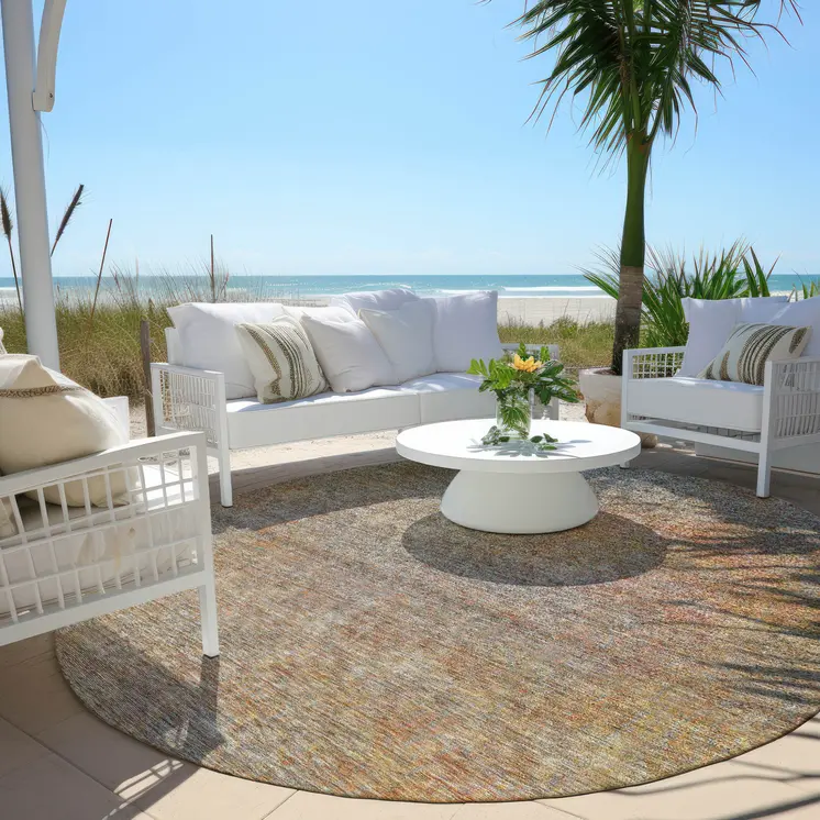 8' Gray Charcoal And Orange Round Abstract Washable Indoor Outdoor Area Rug