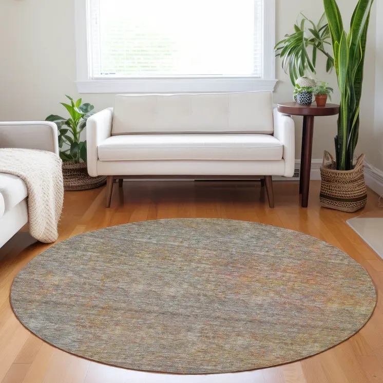 8' Gray Charcoal And Orange Round Abstract Washable Indoor Outdoor Area Rug