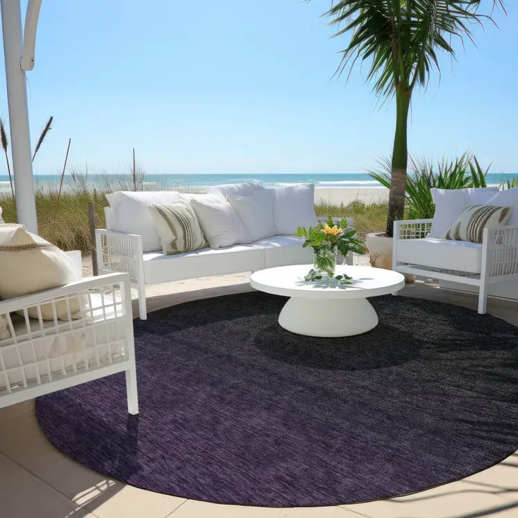 8' Eggplant Purple And Charcoal Round Abstract Washable Indoor Outdoor Area Rug