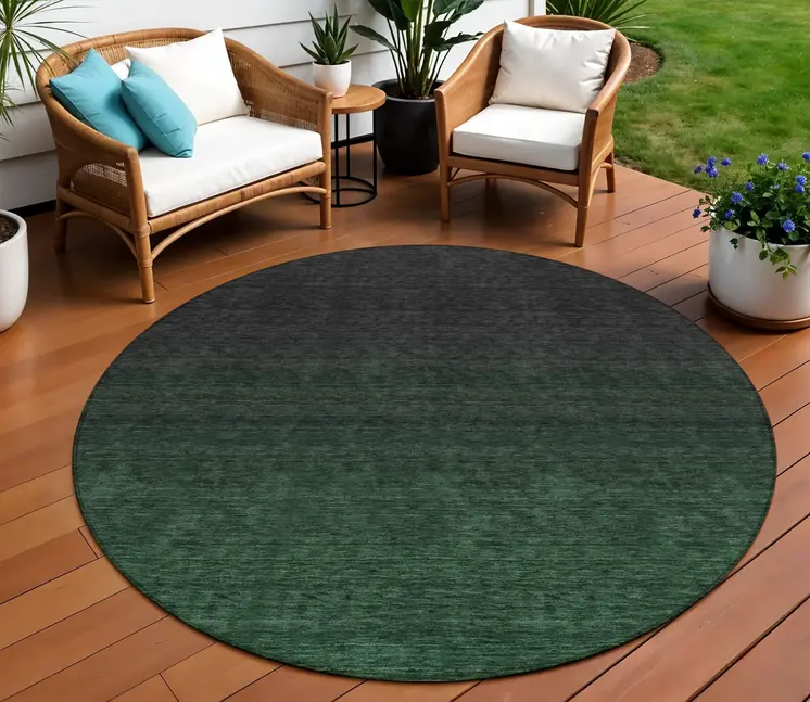 8' Emerald And Charcoal Round Abstract Washable Indoor Outdoor Area Rug