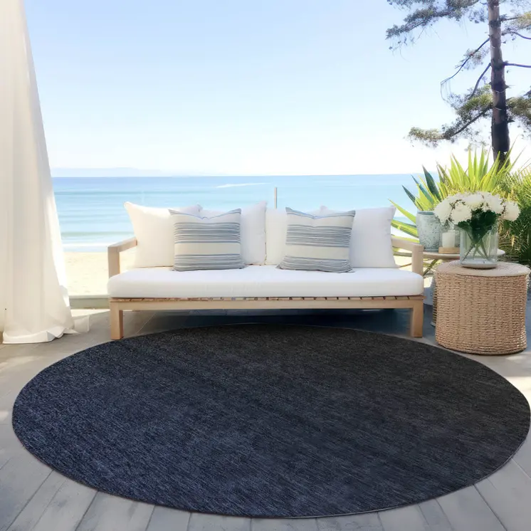 8' Navy Blue And Charcoal Round Abstract Washable Indoor Outdoor Area Rug