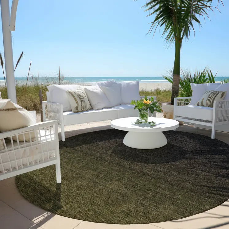 8' Olive Green And Charcoal Round Abstract Washable Indoor Outdoor Area Rug