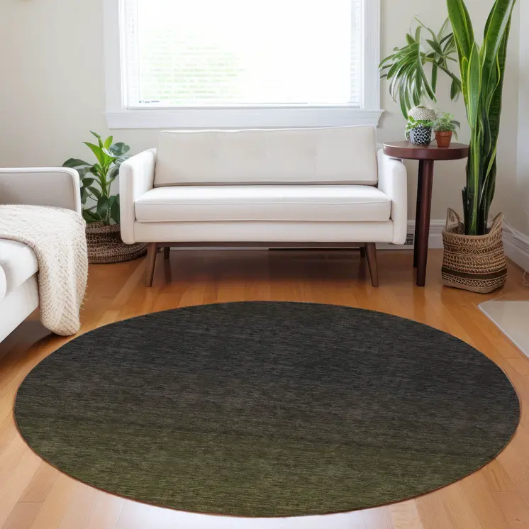 8' Olive Green And Charcoal Round Abstract Washable Indoor Outdoor Area Rug