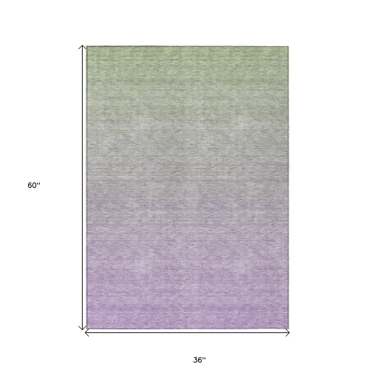 3' X 5' Artichoke Green And Lavender Ombre Washable Indoor Outdoor Area Rug