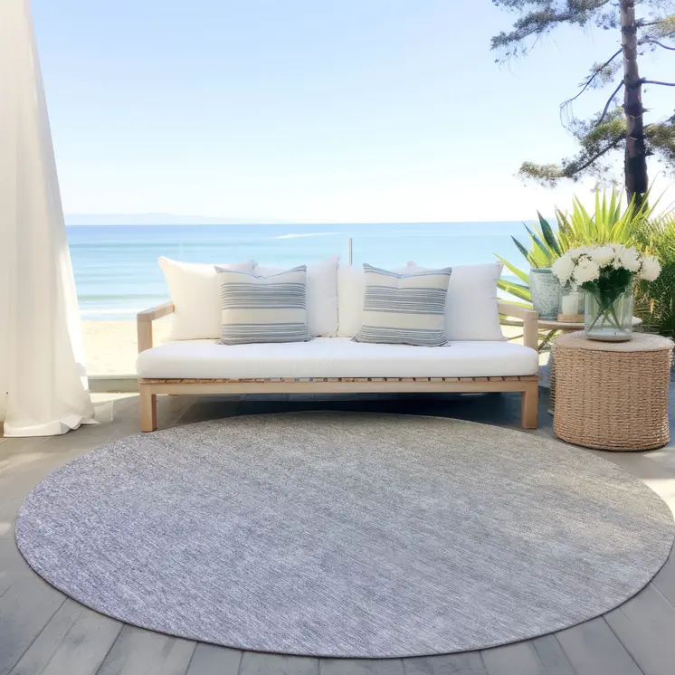 8' Beige Tan And Blue Round Ombre Washable Indoor Outdoor Area Rug