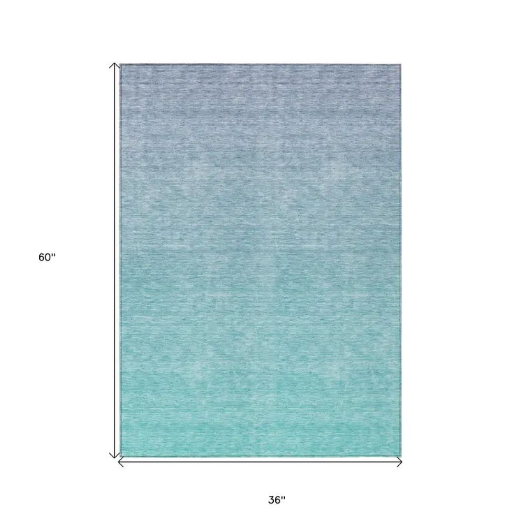 3' X 5' Sky Blue And Teal Blue Ombre Washable Indoor Outdoor Area Rug
