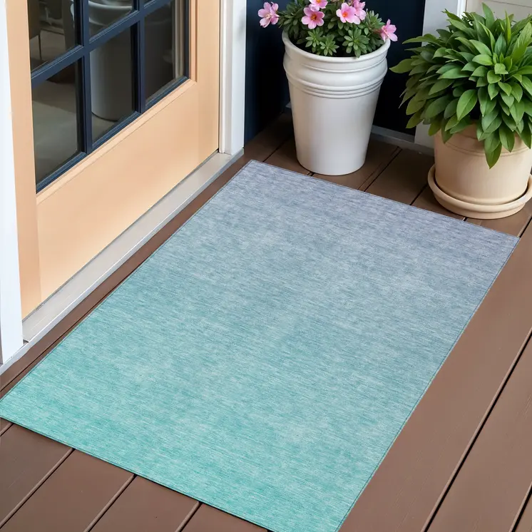 3' X 5' Sky Blue And Teal Blue Ombre Washable Indoor Outdoor Area Rug