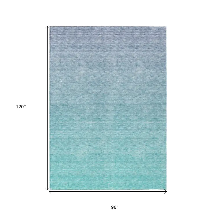 8' X 10' Sky Blue And Teal Blue Ombre Washable Indoor Outdoor Area Rug
