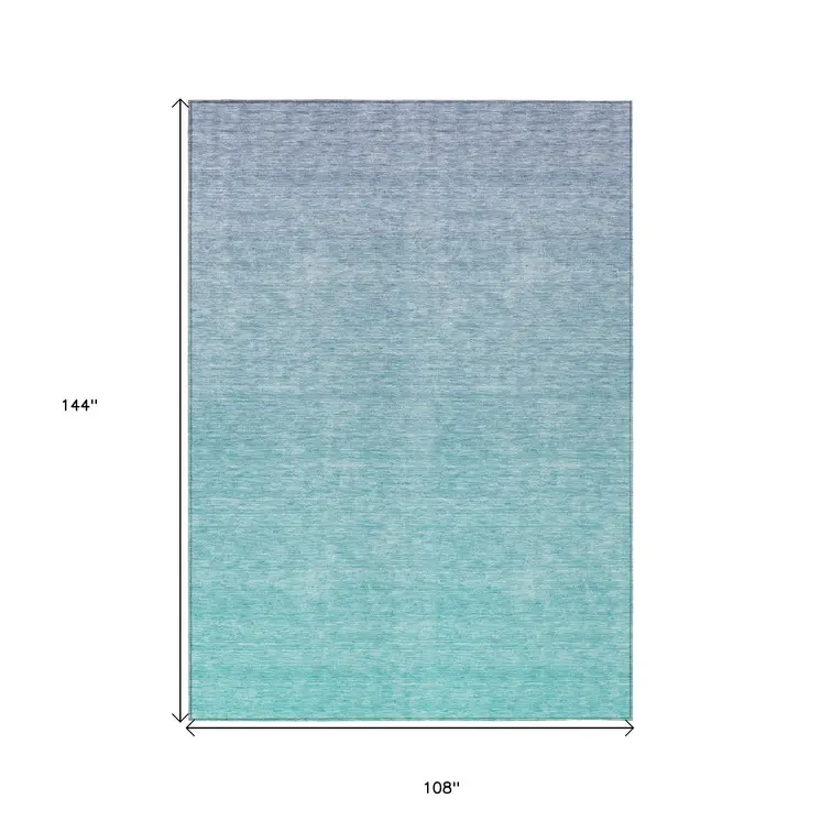 9' X 12' Sky Blue And Teal Blue Ombre Washable Indoor Outdoor Area Rug