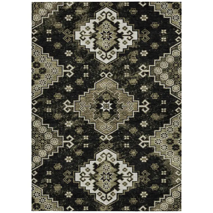 3' X 5' Black Ivory And Taupe Medallion Washable Indoor Outdoor Area Rug