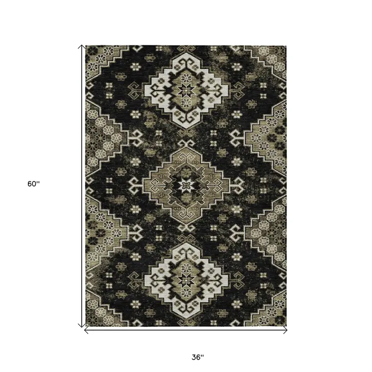 3' X 5' Black Ivory And Taupe Medallion Washable Indoor Outdoor Area Rug