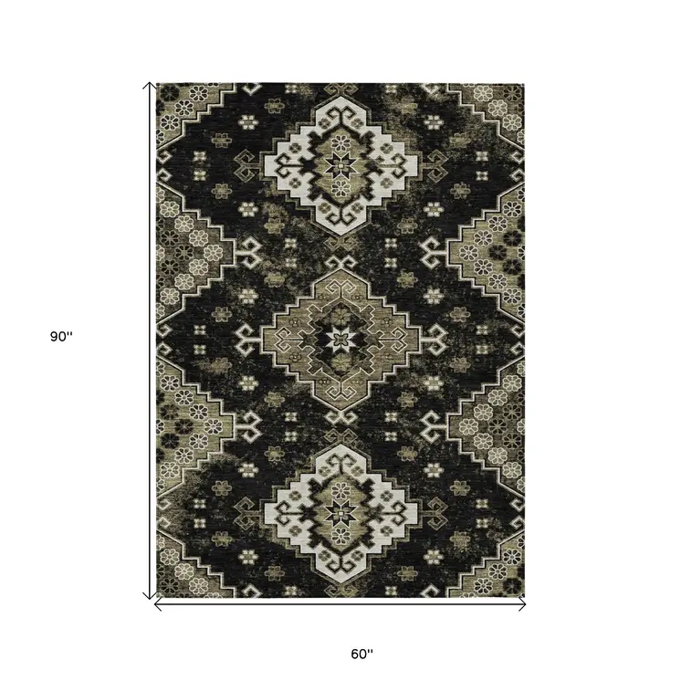 5' X 8' Black Ivory And Taupe Medallion Washable Indoor Outdoor Area Rug