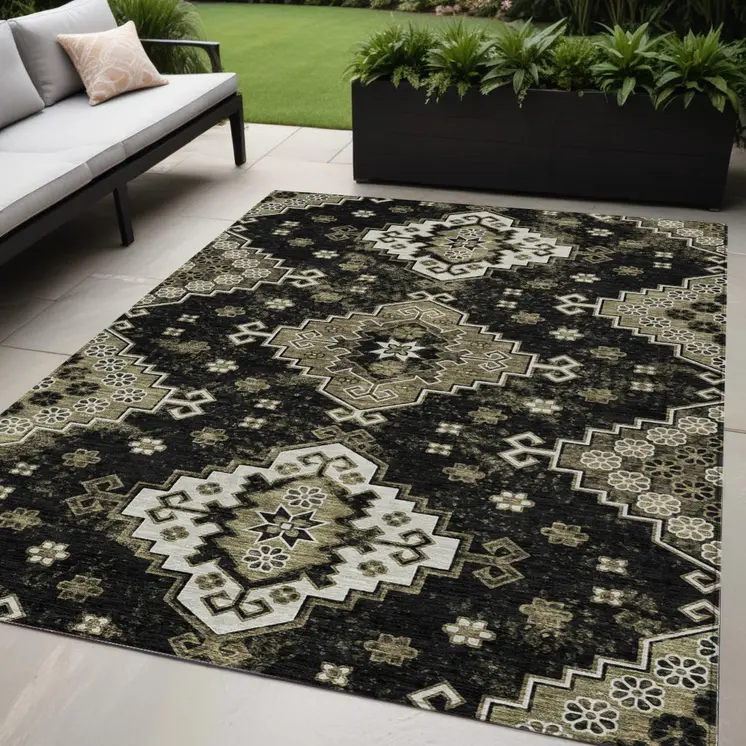 5' X 8' Black Ivory And Taupe Medallion Washable Indoor Outdoor Area Rug