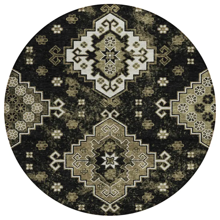 8' Black Ivory And Taupe Round Medallion Washable Indoor Outdoor Area Rug