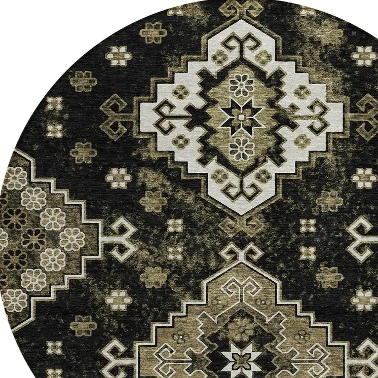 8' Black Ivory And Taupe Round Medallion Washable Indoor Outdoor Area Rug