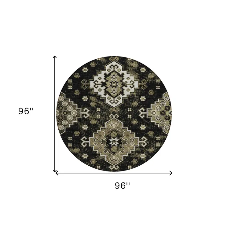 8' Black Ivory And Taupe Round Medallion Washable Indoor Outdoor Area Rug