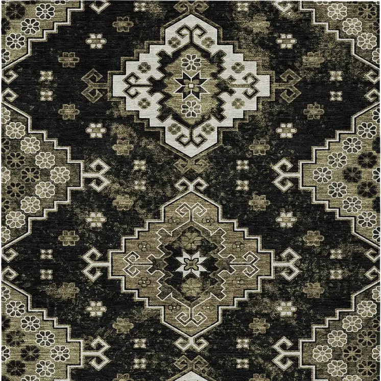 8' X 10' Black Ivory And Taupe Medallion Washable Indoor Outdoor Area Rug