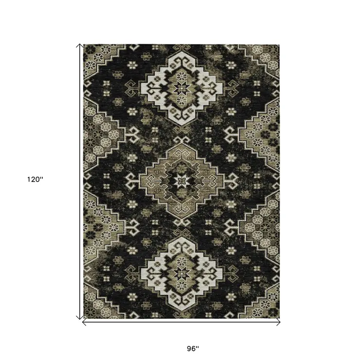 8' X 10' Black Ivory And Taupe Medallion Washable Indoor Outdoor Area Rug