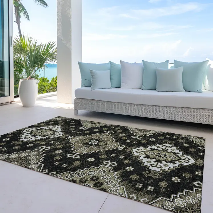8' X 10' Black Ivory And Taupe Medallion Washable Indoor Outdoor Area Rug