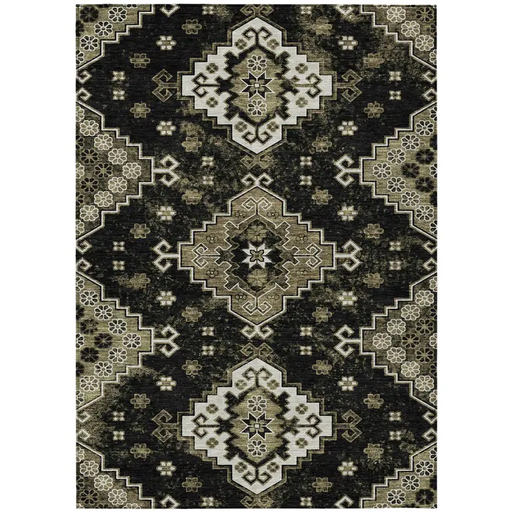 8' X 10' Black Ivory And Taupe Medallion Washable Indoor Outdoor Area Rug
