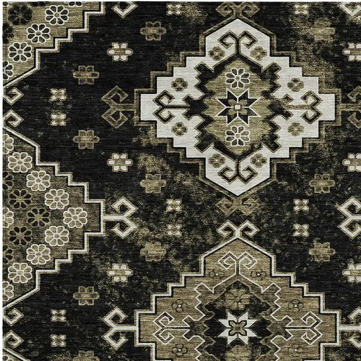 8' X 10' Black Ivory And Taupe Medallion Washable Indoor Outdoor Area Rug