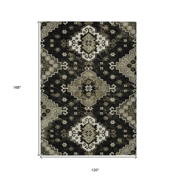 10' X 14' Black Ivory And Taupe Medallion Washable Indoor Outdoor Area Rug
