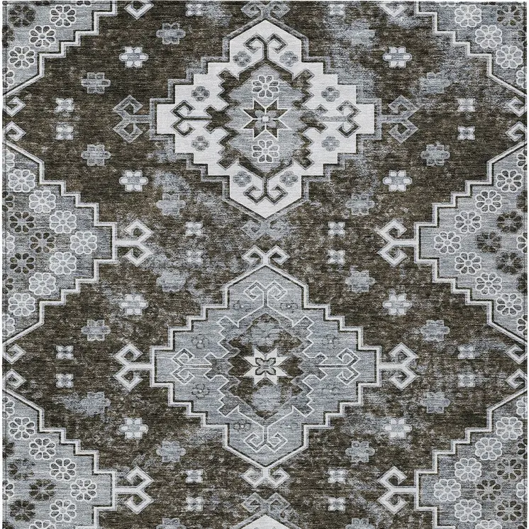 5' X 8' Brown And Gray Medallion Washable Indoor Outdoor Area Rug