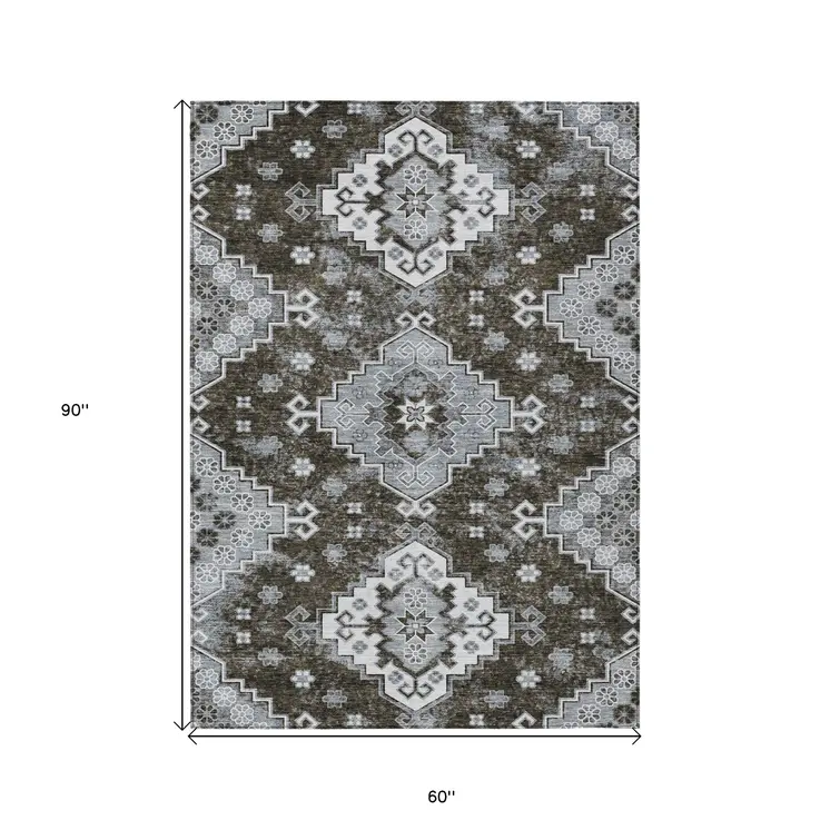 5' X 8' Brown And Gray Medallion Washable Indoor Outdoor Area Rug