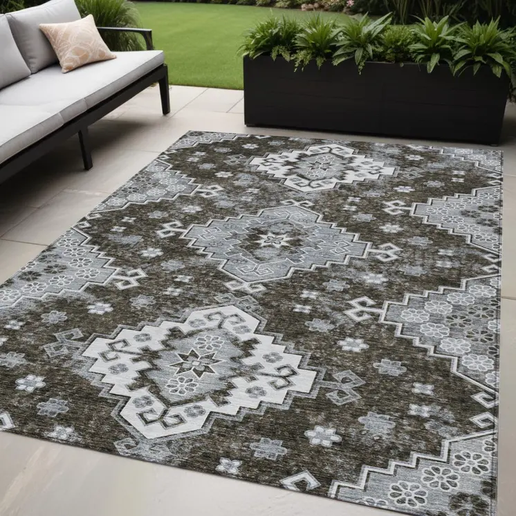 5' X 8' Brown And Gray Medallion Washable Indoor Outdoor Area Rug