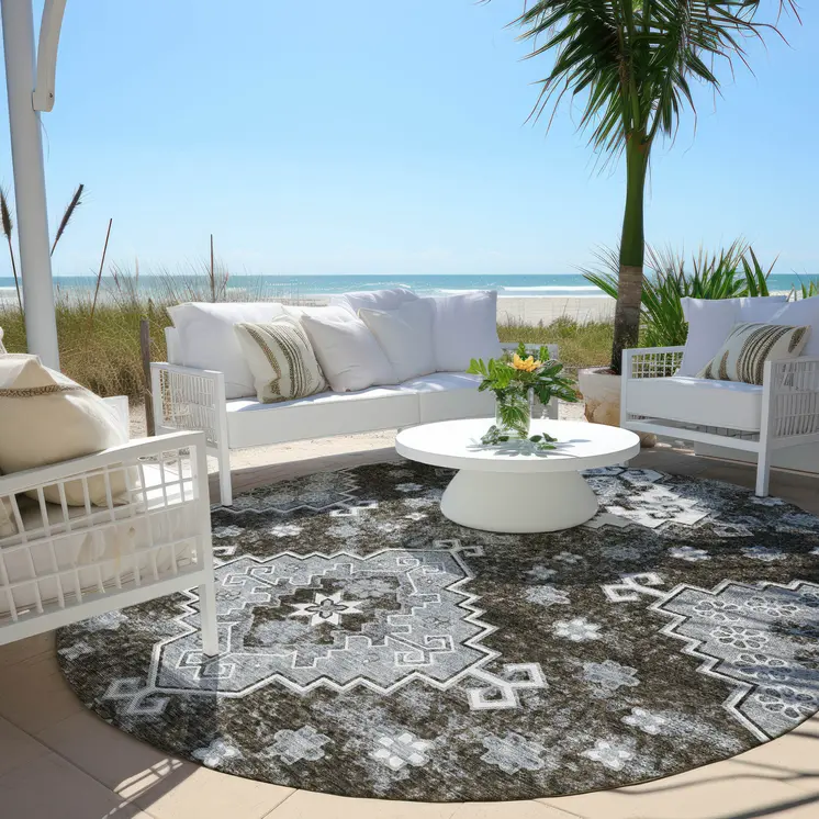 8' Brown And Gray Round Medallion Washable Indoor Outdoor Area Rug