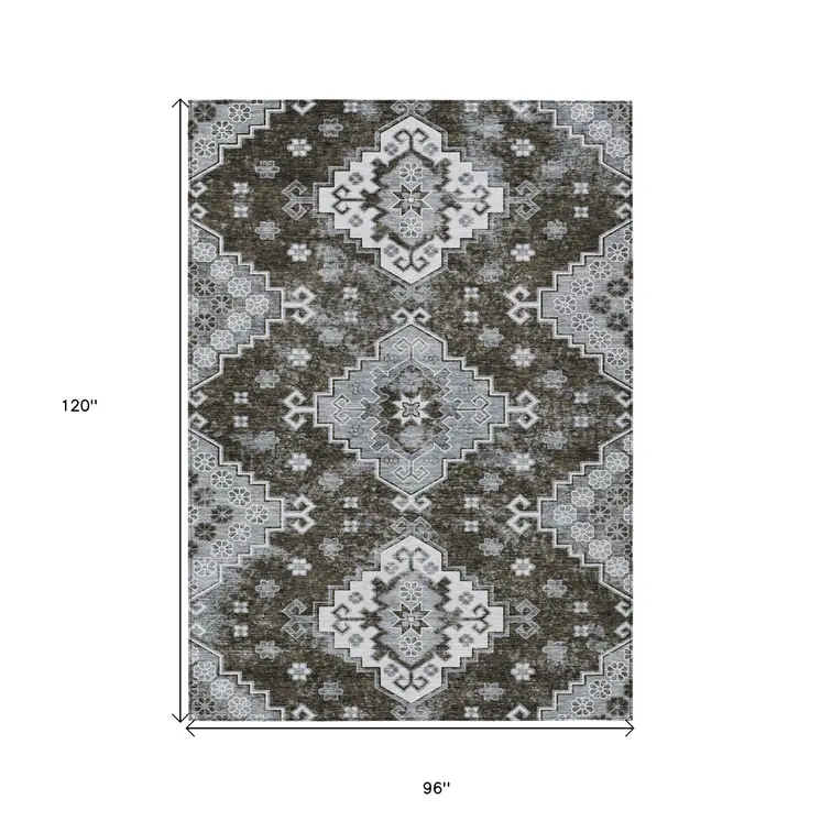 8' X 10' Brown And Gray Medallion Washable Indoor Outdoor Area Rug