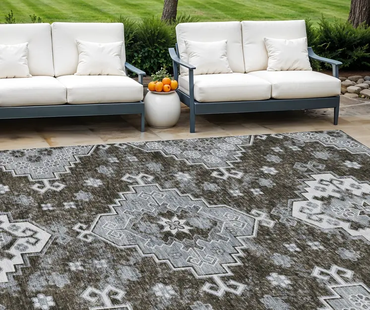 8' X 10' Brown And Gray Medallion Washable Indoor Outdoor Area Rug