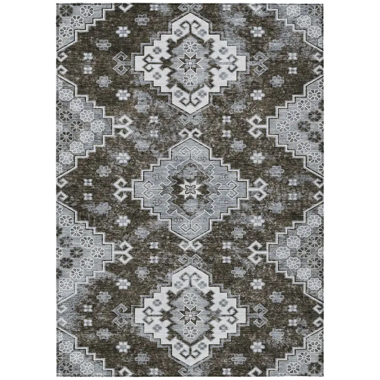 8' X 10' Brown And Gray Medallion Washable Indoor Outdoor Area Rug