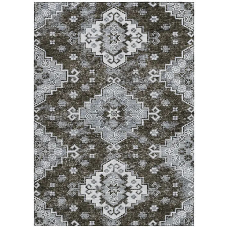 8' X 10' Brown And Gray Medallion Washable Indoor Outdoor Area Rug
