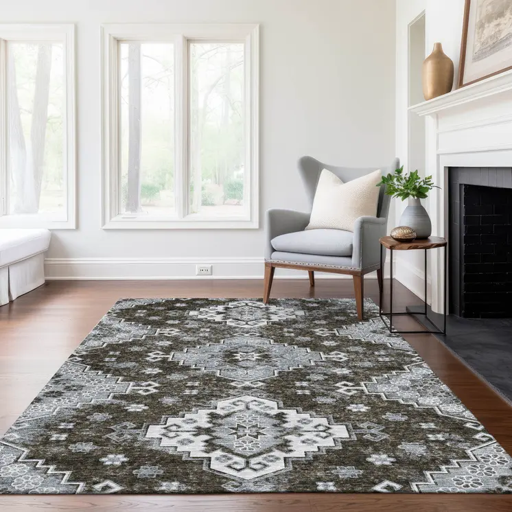 8' X 10' Brown And Gray Medallion Washable Indoor Outdoor Area Rug