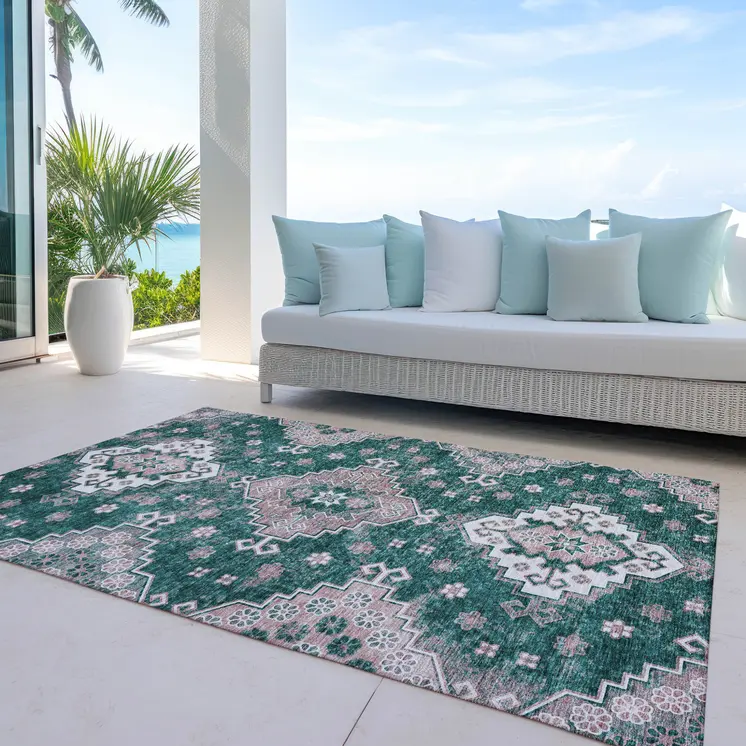 3' X 5' Emerald Brown And Ivory Medallion Washable Indoor Outdoor Area Rug