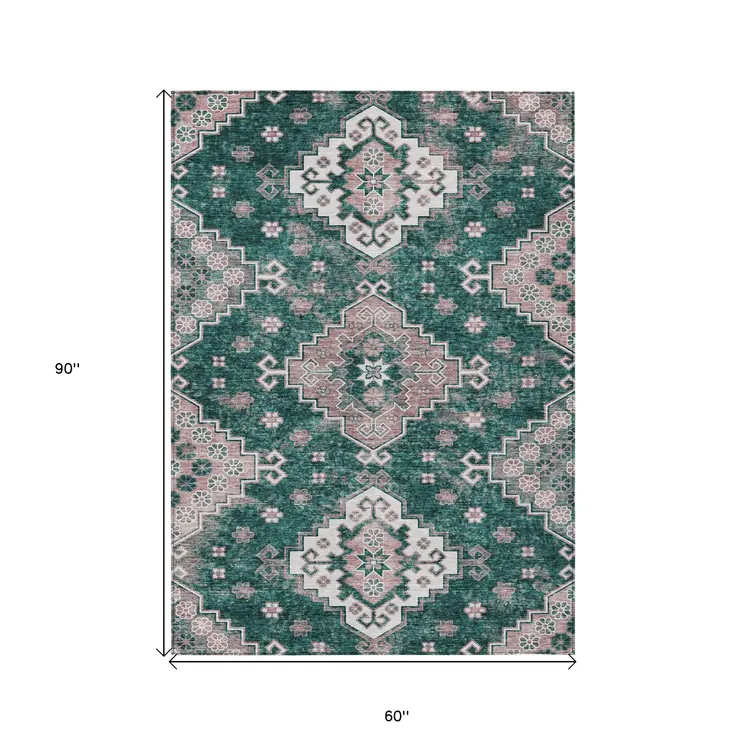 5' X 8' Emerald Brown And Ivory Medallion Washable Indoor Outdoor Area Rug