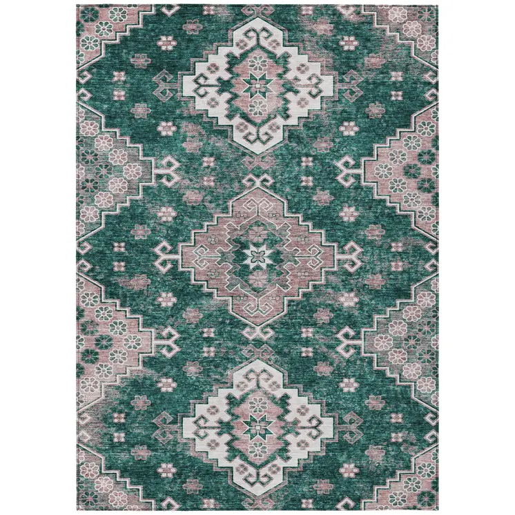 5' X 8' Emerald Brown And Ivory Medallion Washable Indoor Outdoor Area Rug