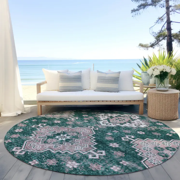 8' Emerald Brown And Ivory Round Medallion Washable Indoor Outdoor Area Rug