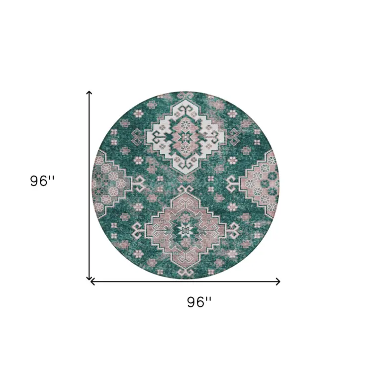 8' Emerald Brown And Ivory Round Medallion Washable Indoor Outdoor Area Rug
