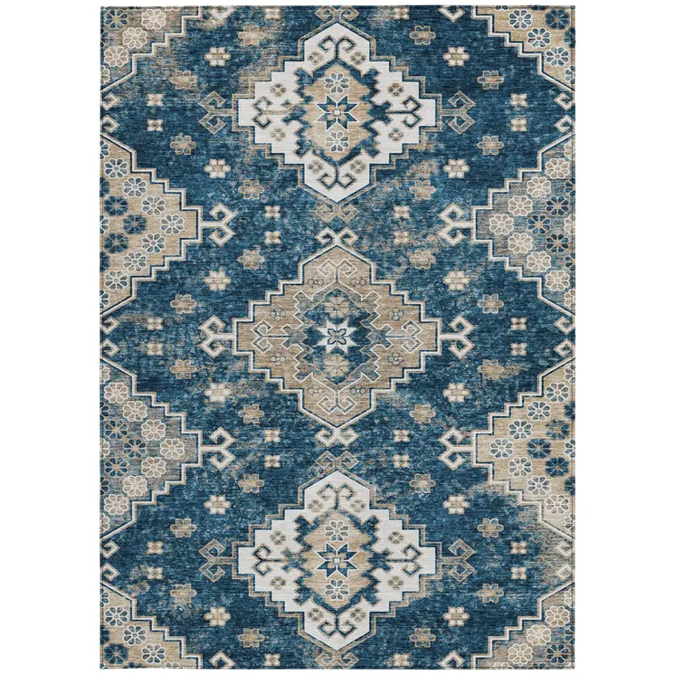 3' X 5' Navy Blue Beige And Ivory Medallion Washable Indoor Outdoor Area Rug