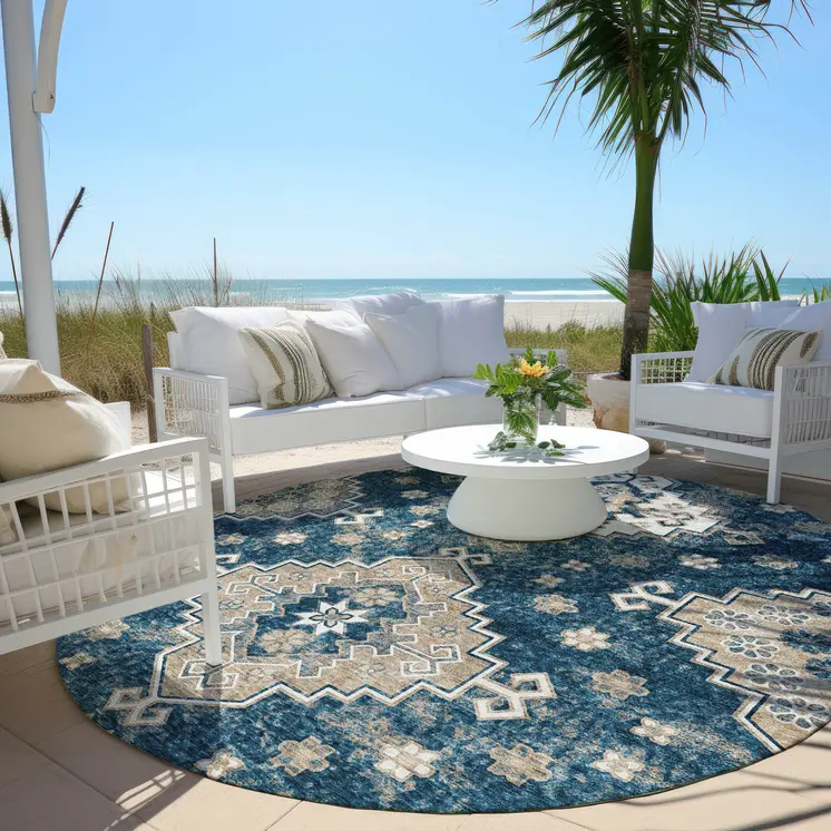 8' Navy Blue Beige And Ivory Round Medallion Washable Indoor Outdoor Area Rug