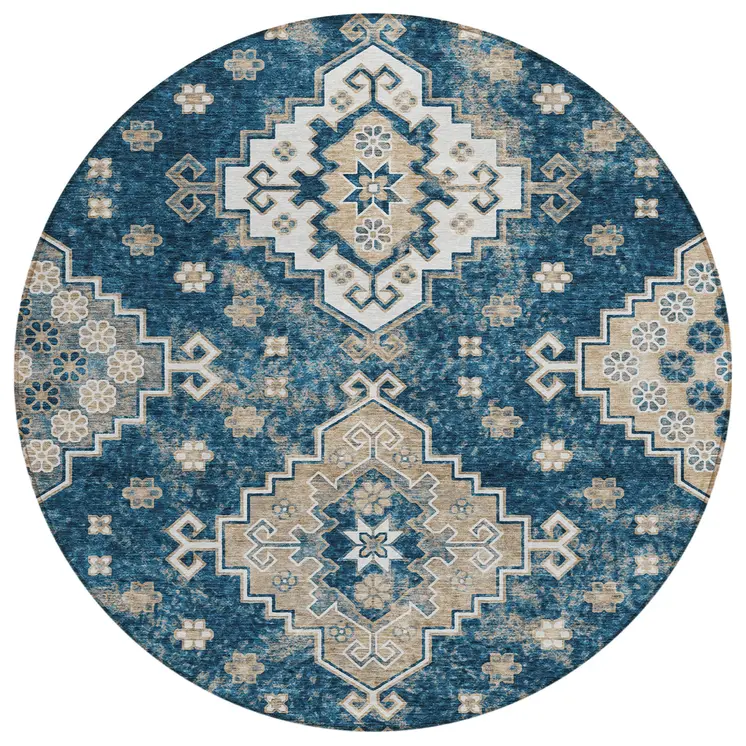 8' Navy Blue Beige And Ivory Round Medallion Washable Indoor Outdoor Area Rug
