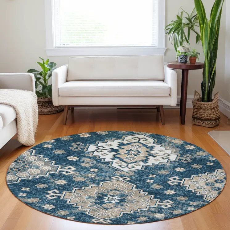 8' Navy Blue Beige And Ivory Round Medallion Washable Indoor Outdoor Area Rug