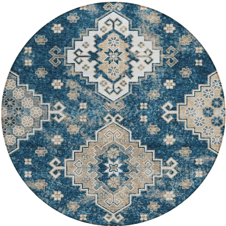 8' Navy Blue Beige And Ivory Round Medallion Washable Indoor Outdoor Area Rug